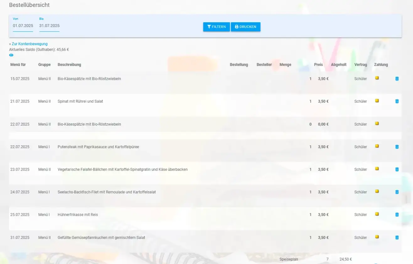WebMenü Bestellübersicht für Kita-Eltern